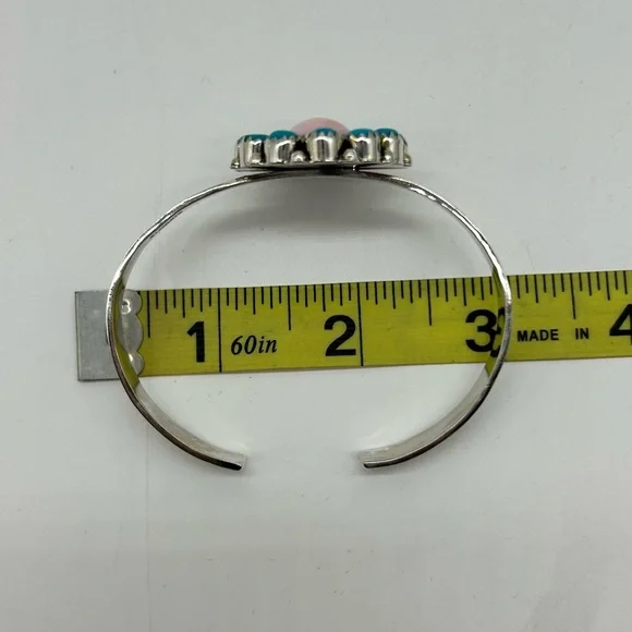 925 Sterling Silver Pink Conch & Kingman Turquoise Cuff Bracelet